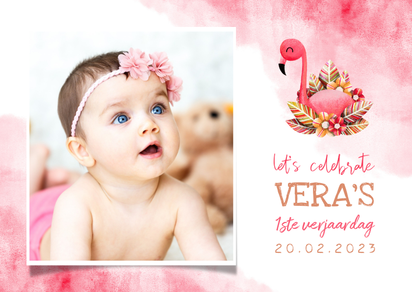 Uitnodiging kinderfeestje flamingo met foto en waterverf - Kinderfeestjes Kinderfeestjes - Uitnodiging kinderfeestje flamingo met foto en waterverf
