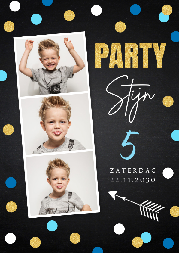 Kinderfeestjes - Uitnodiging kinderfeestje fotocollage jongen dots goudlook