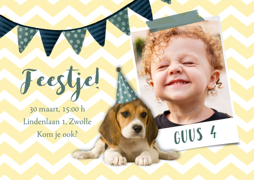 Kinderfeestjes - Uitnodiging kinderfeestje hondje met feesthoed