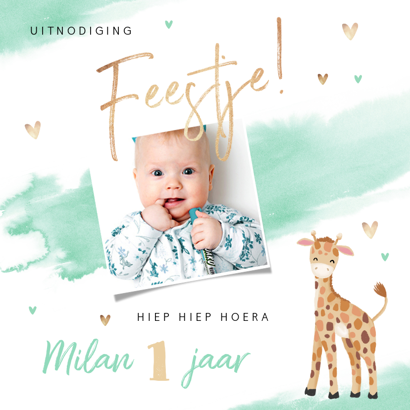 Uitnodiging kinderfeestje jongen 1 jaar giraf waterverf - Kinderfeestjes Kinderfeestjes - Uitnodiging kinderfeestje jongen 1 jaar giraf waterverf