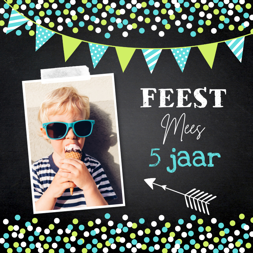 Kinderfeestjes - Uitnodiging kinderfeestje jongen foto slinger confetti