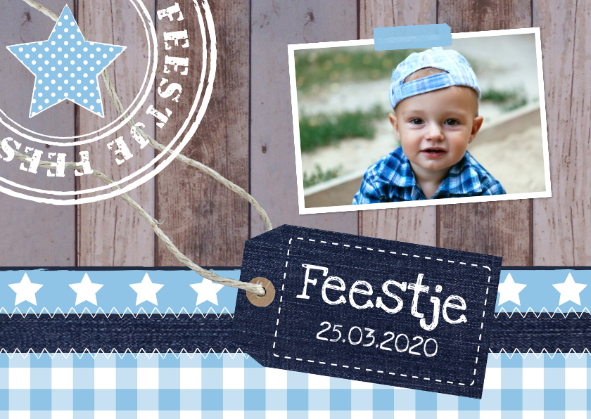 Uitnodiging kinderfeestje jongen label hout blauw - Kinderfeestjes Kinderfeestjes - Uitnodiging kinderfeestje jongen label hout blauw