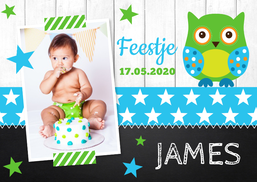 Uitnodiging kinderfeestje jongen uiltje sterren krijtbord - Kinderfeestjes Kinderfeestjes - Uitnodiging kinderfeestje jongen uiltje sterren krijtbord