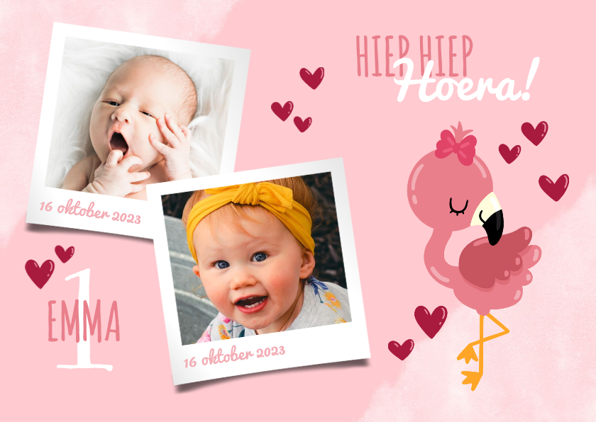 Uitnodiging kinderfeestje lieve flamingo, hartjes en foto's - Kinderfeestjes Kinderfeestjes - Uitnodiging kinderfeestje lieve flamingo, hartjes en foto's