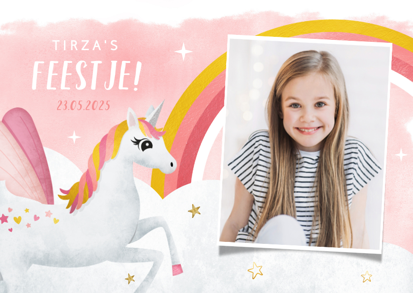 Kinderfeestjes - Uitnodiging kinderfeestje meisje met eenhoorn en regenboog