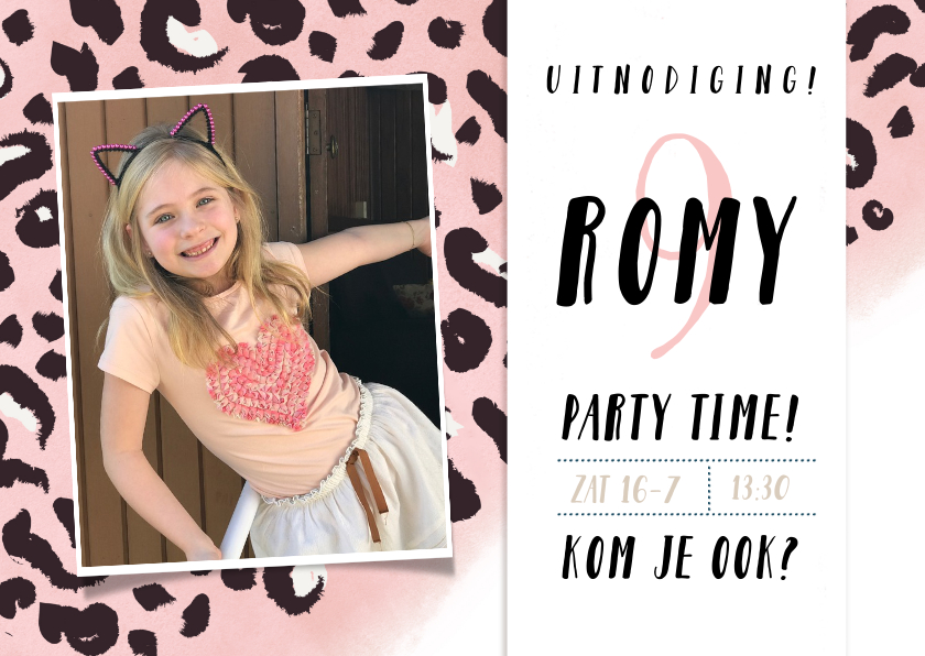 Kinderfeestjes - Uitnodiging kinderfeestje meisje met roze panterprint + foto