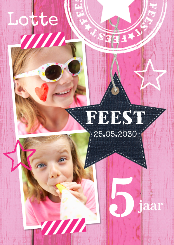 Kinderfeestjes - Uitnodiging kinderfeestje meisje roze houtprint