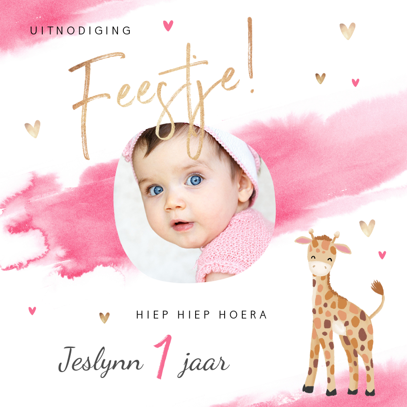 uitnodiging kinderfeestje meisje waterverf giraf hartjes - Kinderfeestjes Kinderfeestjes - uitnodiging kinderfeestje meisje waterverf giraf hartjes
