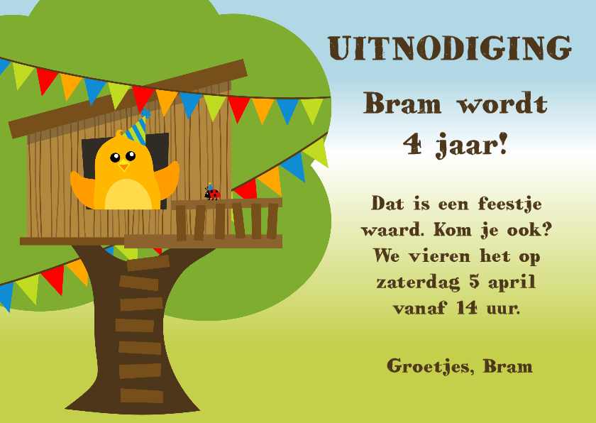 Uitnodiging kinderfeestje met oranje vogeltje in boomhut - Kinderfeestjes Kinderfeestjes - Uitnodiging kinderfeestje met oranje vogeltje in boomhut