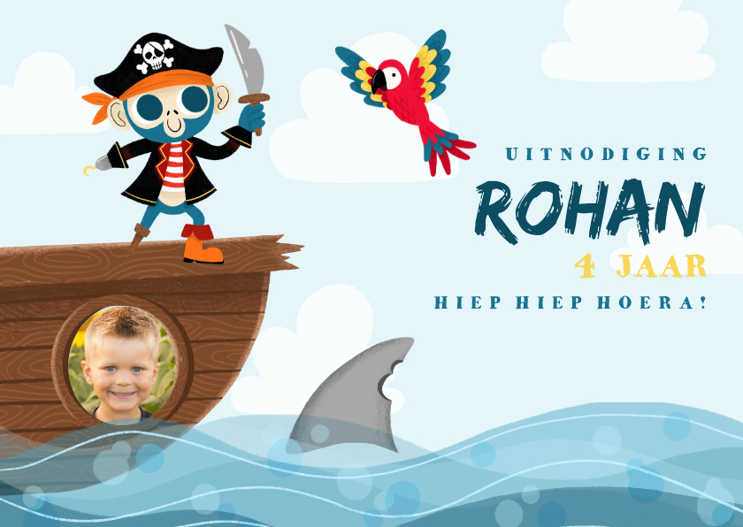 Kinderfeestjes - Uitnodiging kinderfeestje met piraten aap, papegaai en haai