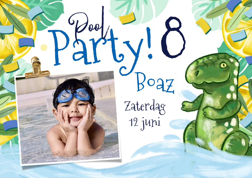 Kinderfeestjes - Uitnodiging kinderfeestje 'Pool Party' tropisch dino foto
