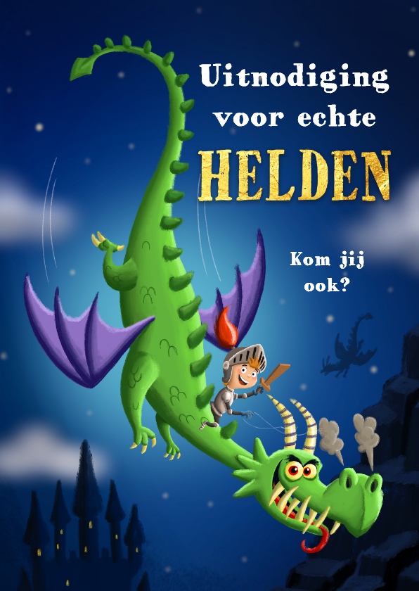 Uitnodiging kinderfeestje ridder op vliegende draak - Kinderfeestjes Kinderfeestjes - Uitnodiging kinderfeestje ridder op vliegende draak