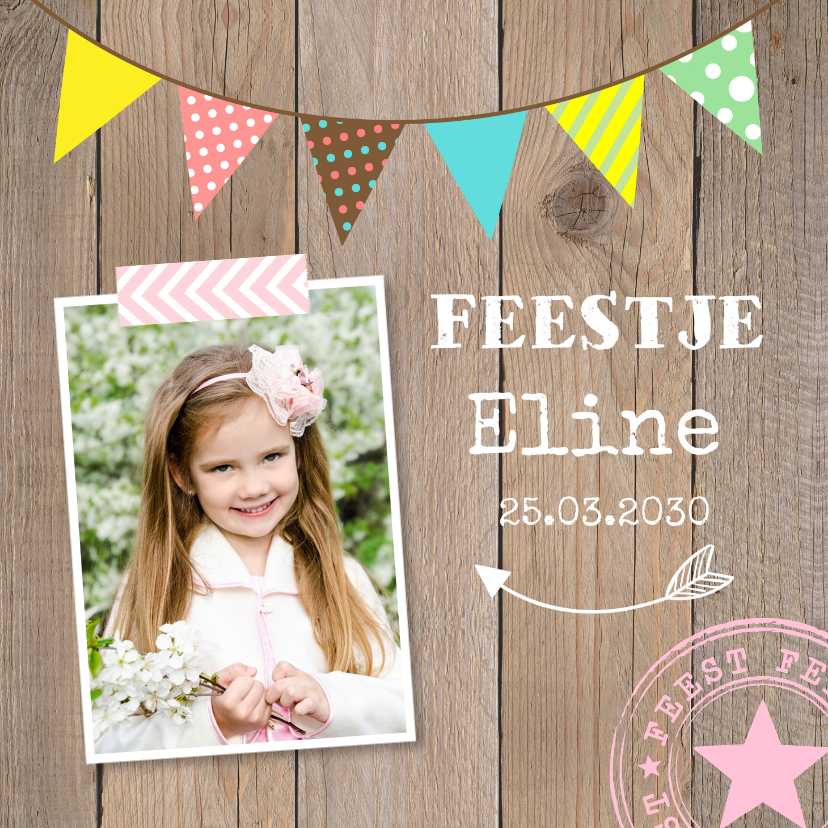 Uitnodiging kinderfeestje slinger kleur hout meisje - Kinderfeestjes Kinderfeestjes - Uitnodiging kinderfeestje slinger kleur hout meisje