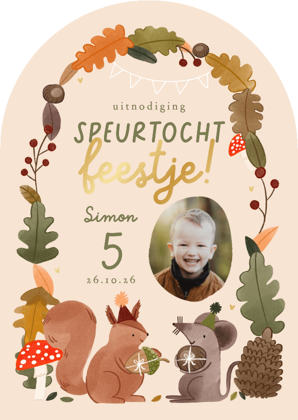 Kinderfeestjes - Uitnodiging kinderfeestje speurtocht feestje bos herfst goud