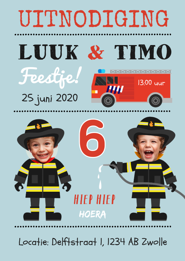 Kinderfeestjes - Uitnodiging kinderfeestje tweeling brandweer