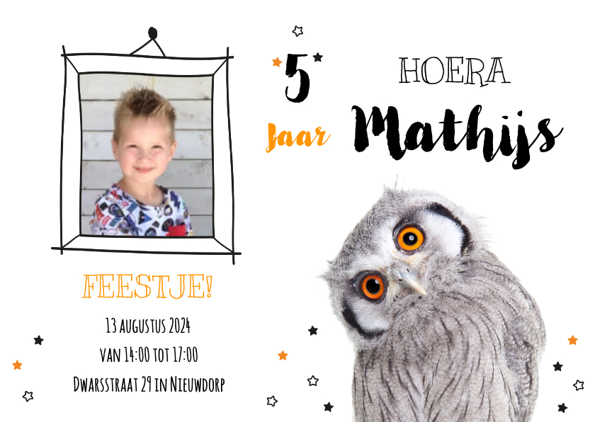 Uitnodiging - Kinderfeestje - Uiltje oranje ogen - Kinderfeestjes Kinderfeestjes - Uitnodiging - Kinderfeestje - Uiltje oranje ogen