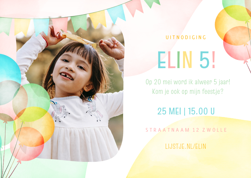Kinderfeestjes - Uitnodiging kinderfeestje vrolijk met ballonnen pastel