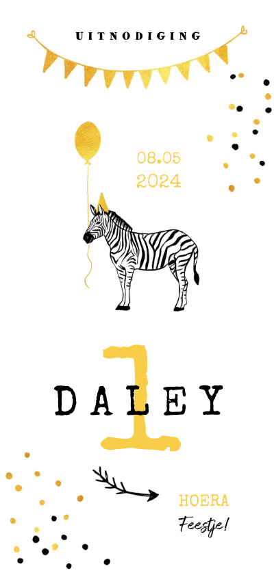Kinderfeestjes - Uitnodiging kinderfeestje zebra ballon slinger goud geel