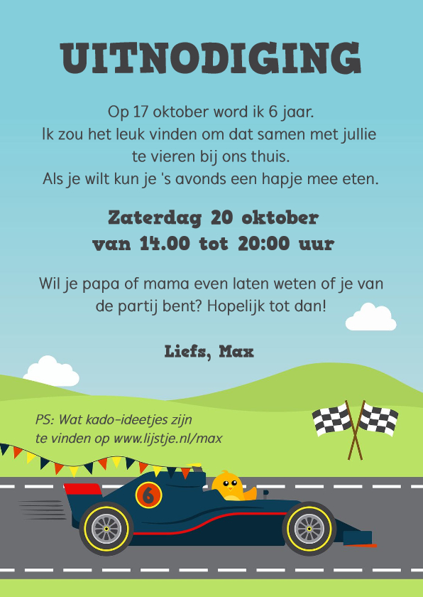 Uitnodiging met Formule 1 racewagen - Kinderfeestjes Kinderfeestjes - Uitnodiging met Formule 1 racewagen