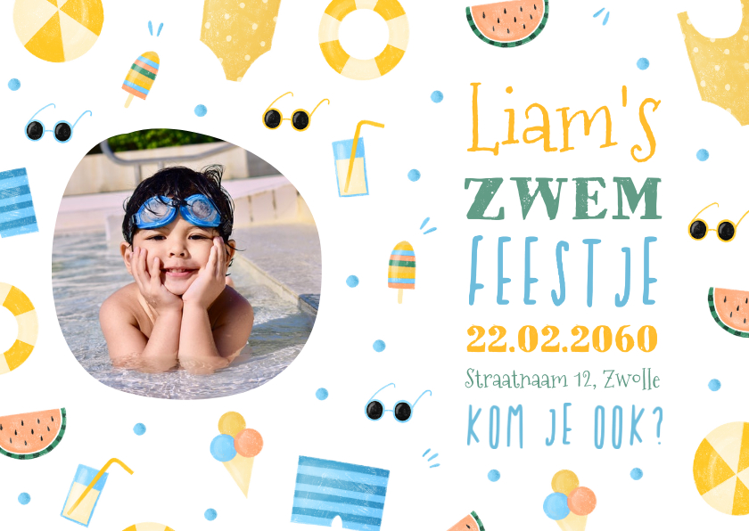 Kinderfeestjes - Uitnodiging met foto zomer zwemfeestje tropisch