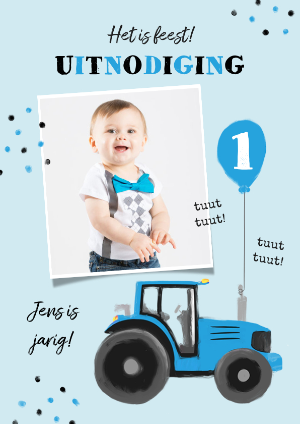 Kinderfeestjes - Uitnodiging tractor confetti blauw jongen ballon