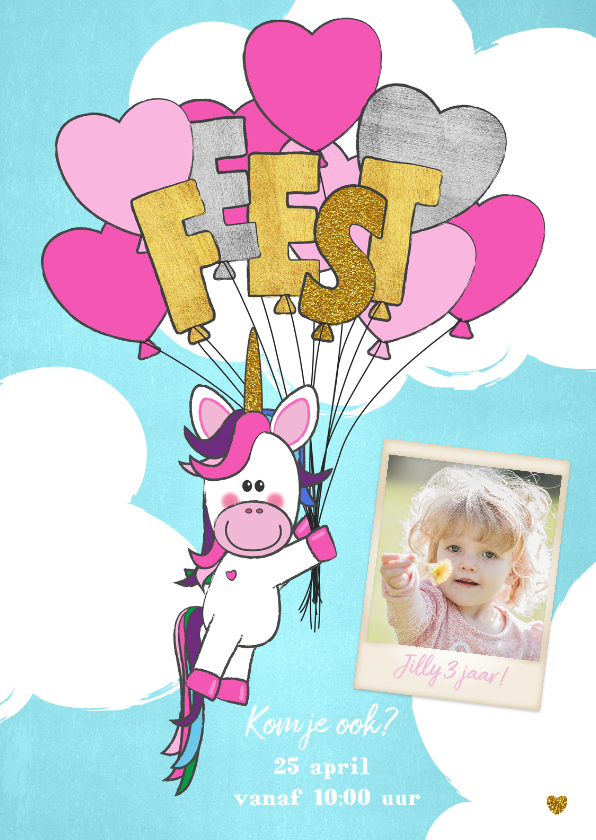 Kinderfeestjes - Uitnodiging trendy foto kaart met unicorn en ballonnen