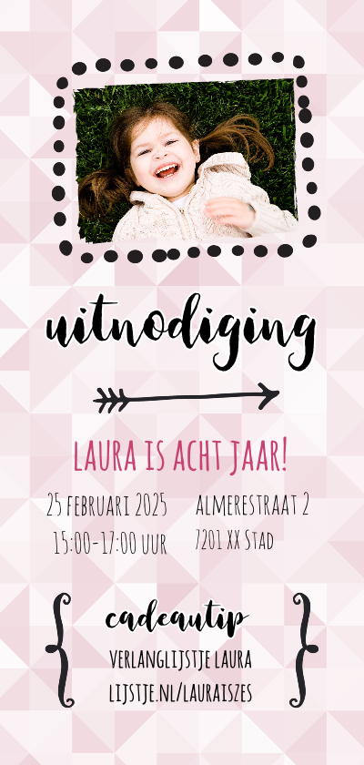 Uitnodiging - verjaardag roze ruitjes (langwerpig) - Kinderfeestjes Kinderfeestjes - Uitnodiging - verjaardag roze ruitjes (langwerpig)