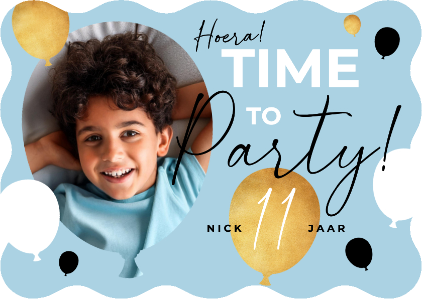 Kinderfeestjes - Uitnodiging verjaardagsfeestje jongen fotokaart ballon wave