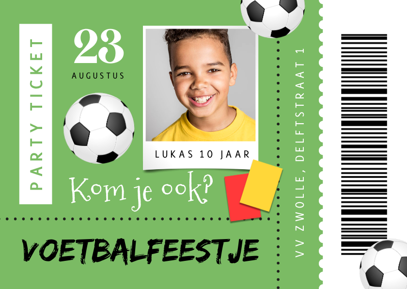 Kinderfeestjes - Uitnodiging voetbalfeestje ticket wedstrijd foto voetbal