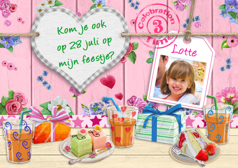Uitnodiging voor feest van meisje met bloempjes en hart - Kinderfeestjes Kinderfeestjes - Uitnodiging voor feest van meisje met bloempjes en hart