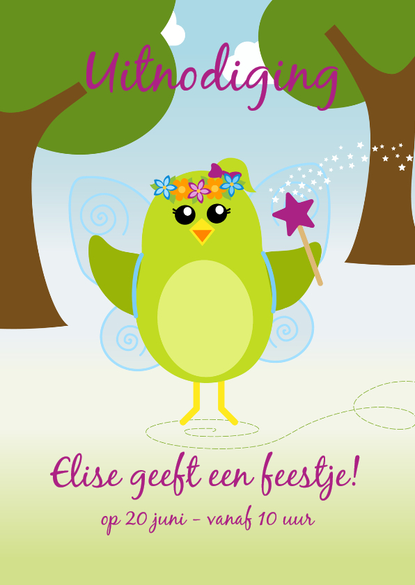 Uitnodiging vrolijk feetje danst door het bos - DD - Kinderfeestjes Kinderfeestjes - Uitnodiging vrolijk feetje danst door het bos - DD