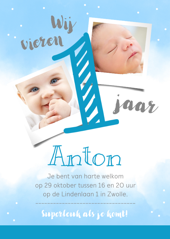 Kinderfeestjes - Uitnodigingskaart 1 jaar blauw met eigen foto's