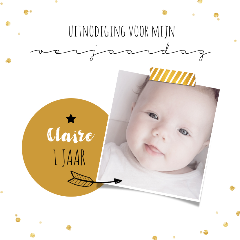 Uitnodigingskaart 1 jaar foto en confetti - Kinderfeestjes Kinderfeestjes - Uitnodigingskaart 1 jaar foto en confetti