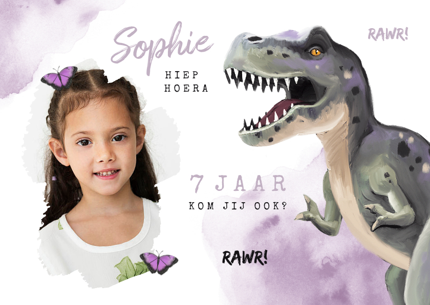 Kinderfeestjes - Uitnodigingskaart dinosaurus t rex meisje stoer vlinders