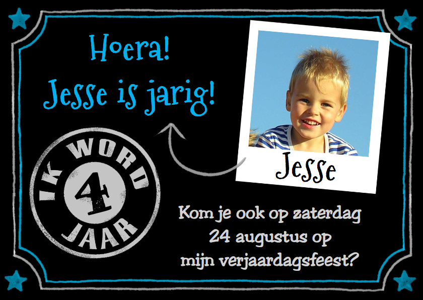 Uitnodigingskaart kinderfeest wit op zwart voor jongen - Kinderfeestjes Kinderfeestjes - Uitnodigingskaart kinderfeest wit op zwart voor jongen