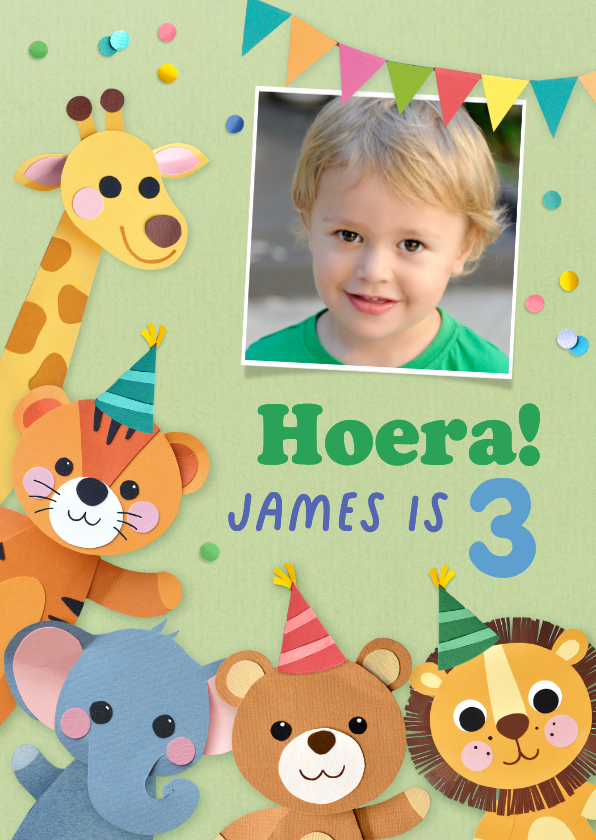 Verjaardagskaart dieren en confetti met foto - Kinderfeestjes Kinderfeestjes - Verjaardagskaart dieren en confetti met foto