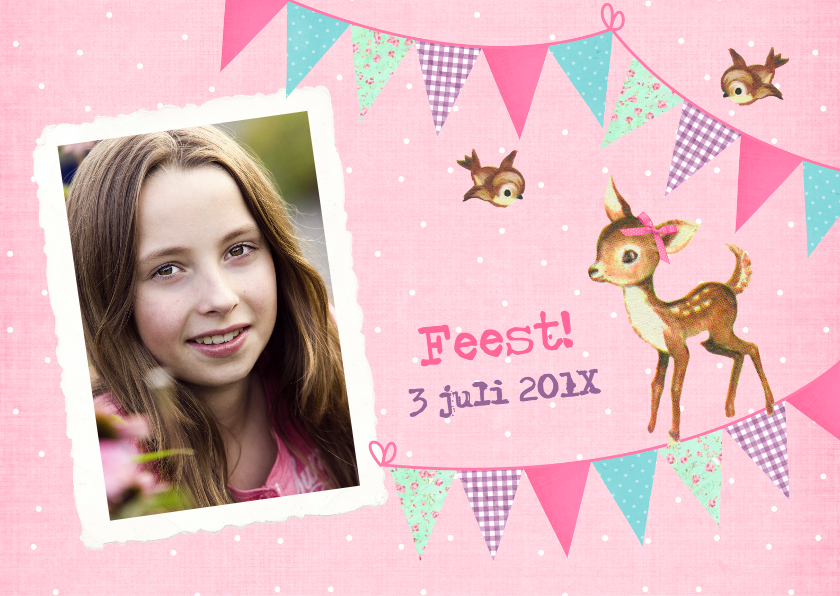 Vintage Uitnodiging Vlaggetjes Hertje - Kinderfeestjes Kinderfeestjes - Vintage Uitnodiging Vlaggetjes Hertje