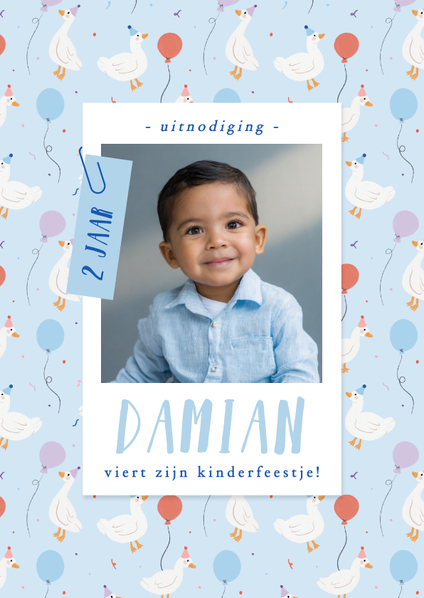 Kinderfeestjes - Vrolijk blauw kinderfeestje uitnodiging met foto en eendjes