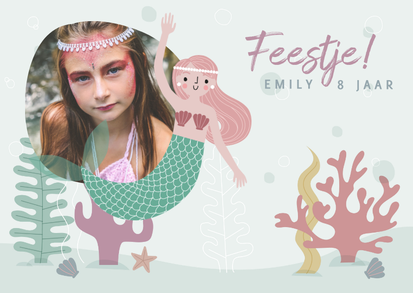 Vrolijke uitnodiging kinderfeestje met zeemeermin & plantjes - Kinderfeestjes Kinderfeestjes - Vrolijke uitnodiging kinderfeestje met zeemeermin & plantjes