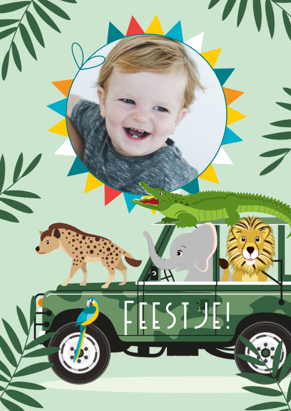 Kinderfeestjes - Vrolijke uitnodiging met een stoere jeep vol dierenvriendjes