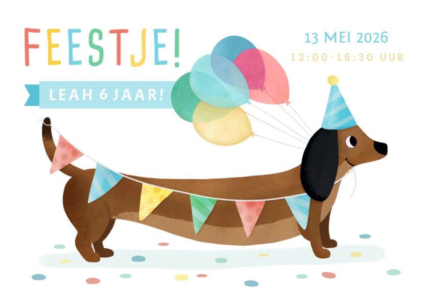 Vrolijke uitnodiging voor een kinderfeestje met teckel - Kinderfeestjes Kinderfeestjes - Vrolijke uitnodiging voor een kinderfeestje met teckel