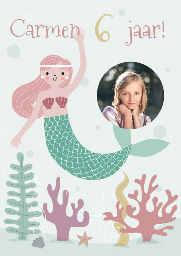 Vrolijke zeemeermin met foto uitnodiging kinderfeestje - Kinderfeestjes Kinderfeestjes - Vrolijke zeemeermin met foto uitnodiging kinderfeestje