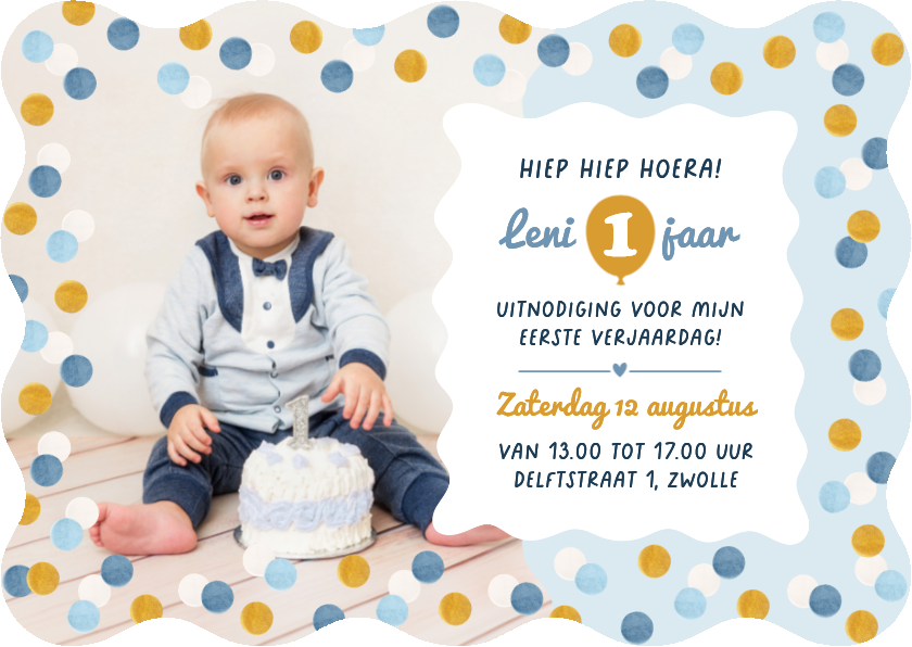 Kinderfeestjes - Wave blauw kinderfeestje uitnodiging confetti 1 jaar foto
