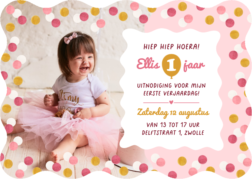 Wave kinderfeestje uitnodiging confetti 1 jaar foto roze - Kinderfeestjes Kinderfeestjes - Wave kinderfeestje uitnodiging confetti 1 jaar foto roze