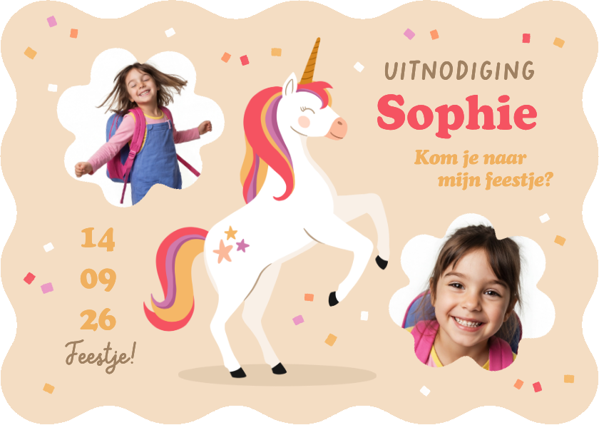 Wave uitnodiging kinderfeestje unicorn confetti foto's feest - Kinderfeestjes Kinderfeestjes - Wave uitnodiging kinderfeestje unicorn confetti foto's feest