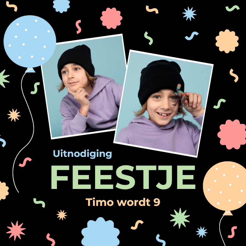 Kinderfeestjes - Zwarte uitnodiging kinderfeestje met foto en confetti