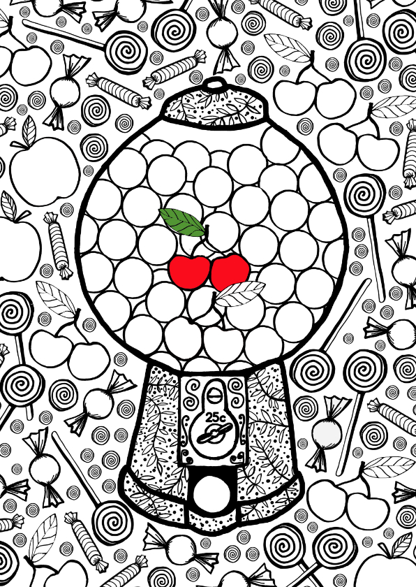 Kaart met kauwgomballen automaat met snoep, fruit en 1 kers - Liefde kaarten Liefde kaarten - Kaart met kauwgomballen automaat met snoep, fruit en 1 kers