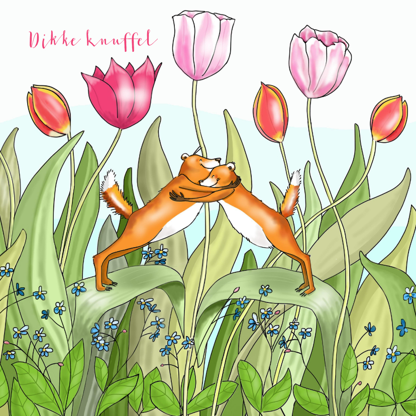 Liefde kaarten - Liefde - knuffelende vosjes tussen de tulpen