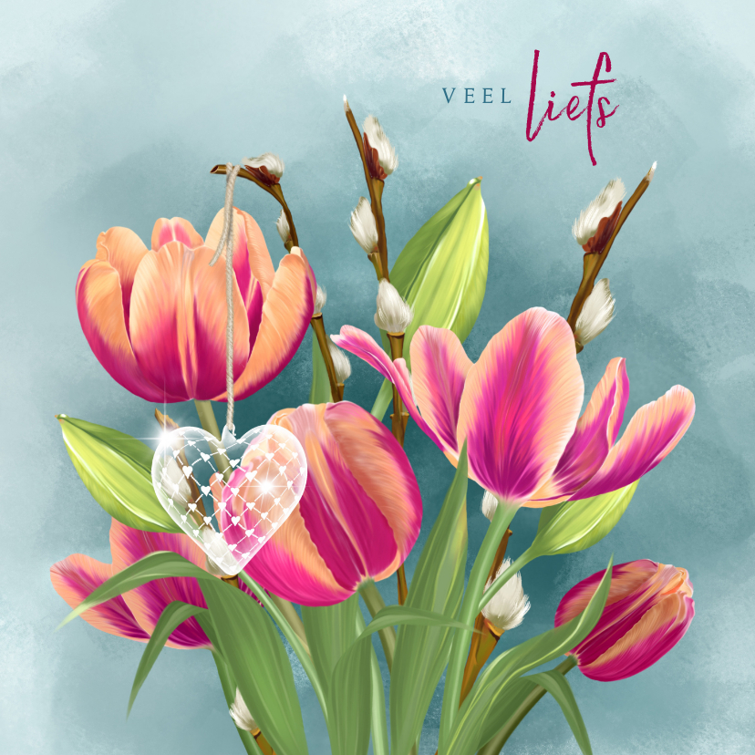 Liefdekaart boeket tulpen met hart - Liefde kaarten Liefde kaarten - Liefdekaart boeket tulpen met hart