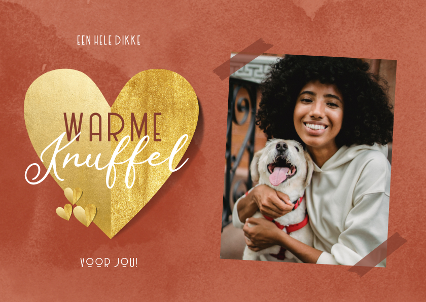 Liefdekaart warme knuffel gouden hart en foto rood - Liefde kaarten Liefde kaarten - Liefdekaart warme knuffel gouden hart en foto rood